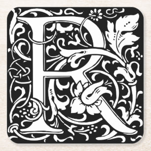 Letter R Mediaeval Monogram Art Nouveau Square Paper Coaster
