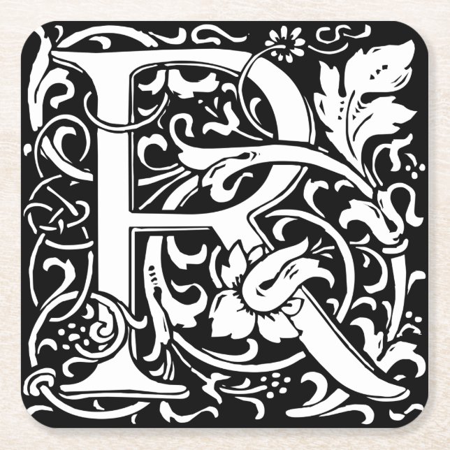 Letter R Mediaeval Monogram Art Nouveau Square Paper Coaster (Front)