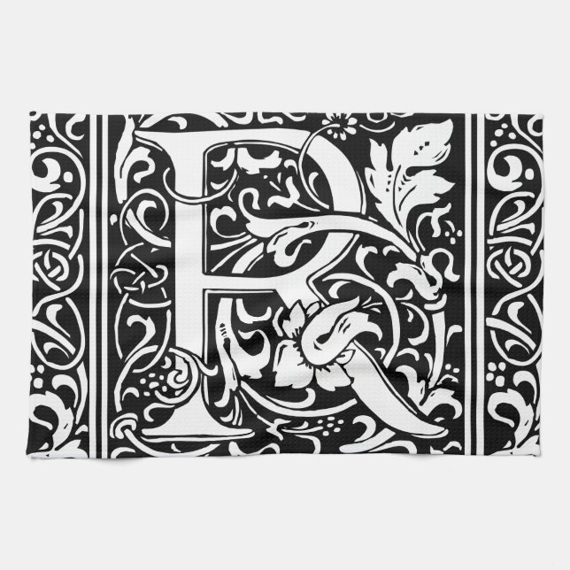 Letter R Mediaeval Monogram Vintage Initial Tea Towel (Horizontal)
