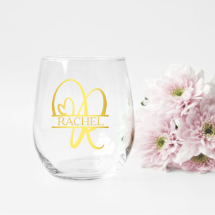 Letter R Monogram Bridesmaid Gift, Modern Elegant Stemless Wine Glass