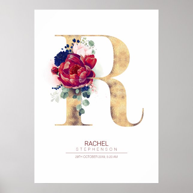 Letter R Monogram Floral Navy Blue and Burgundy Poster (Front)