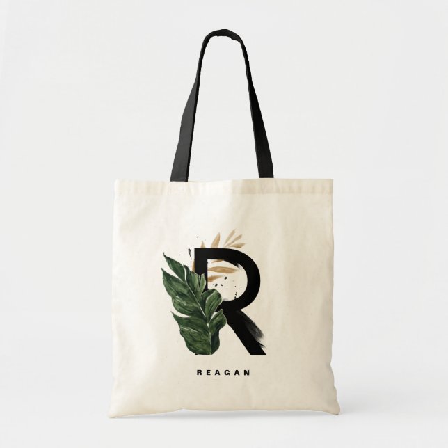Letter R Monogram Palm Leaves Tropical Bridesmaid Tote Bag (Front)
