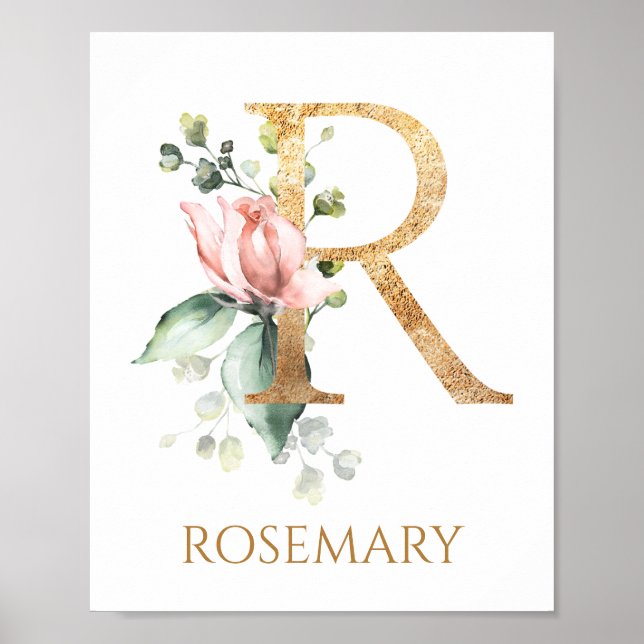 Letter R Monogram Pink Peach rose Nursery Poster (Front)