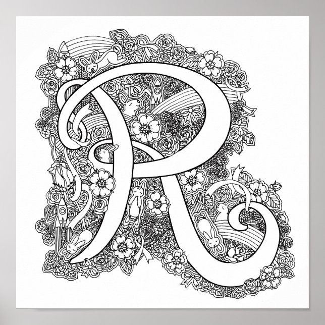 Letter R monogram tangle art colouring in poster (Front)
