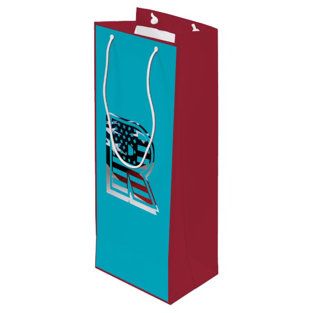 Letter R Monogram USA Flag Wine Gift Bag (Back Angled)