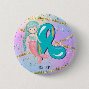 Letter R Monogram Watercolor Cute Mermaid Nursery 6 Cm Round Badge