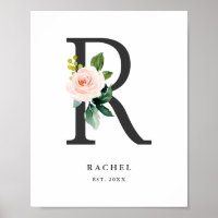 Letter R Monogram Watercolor Peach Florals Nursery