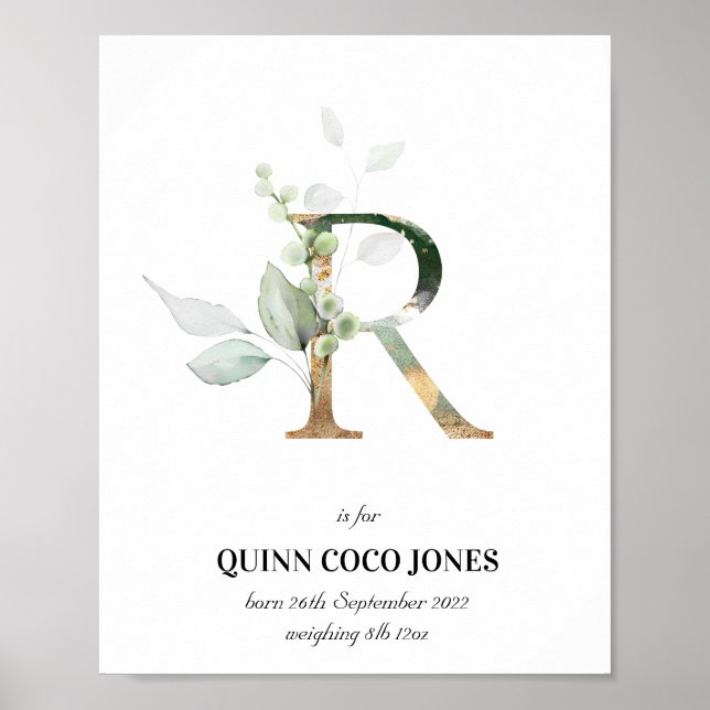 Letter R New Baby Monogram Birth Print Greenery (Front)