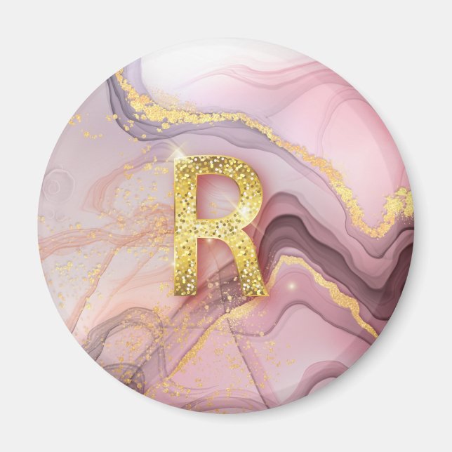 Letter R Pretty Girly RoseGold Glitter Pink Marble Magnet (Front)