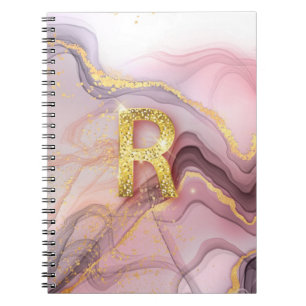 Letter R Pretty Girly RoseGold Glitter Pink Marble Notebook