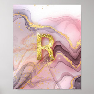 Letter R Pretty Girly RoseGold Glitter Pink Marble Poster
