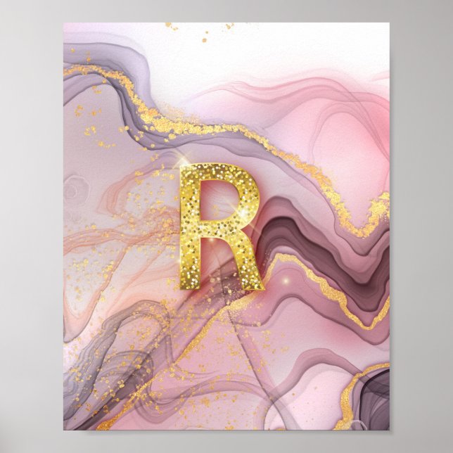Letter R Pretty Girly RoseGold Glitter Pink Marble Poster (Front)