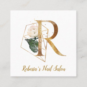 Letter R with Gold Geometric Design and Flowers Square Business Card