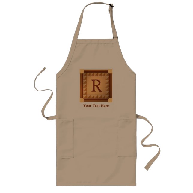 Letter R: Wood Look Initial with Custom Text Long Apron (Front)