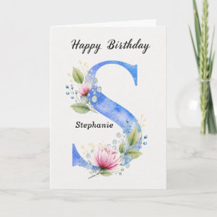 Letter S Birthday Custom Name Her Blue Monogram Card