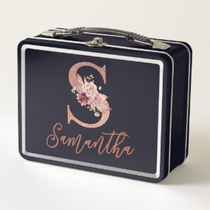 Letter S Blush pink Glitter Floral Monogram  Metal Lunch Box