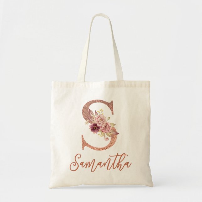 Letter S Blush pink Glitter Floral Monogram  Tote Bag (Front)