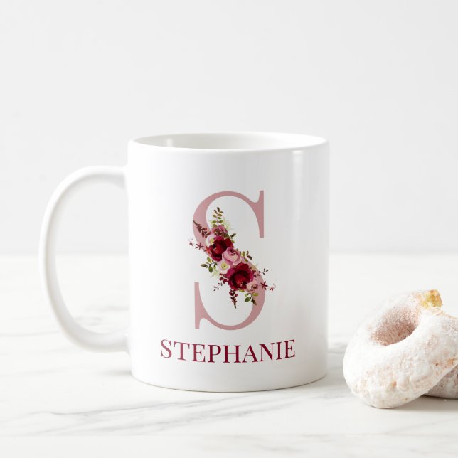 Letter S Burgundy Blush Floral Coffee Mug (With Donut)