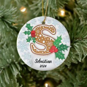 Letter S Custom Name Monogram Christmas Ceramic Ornament
