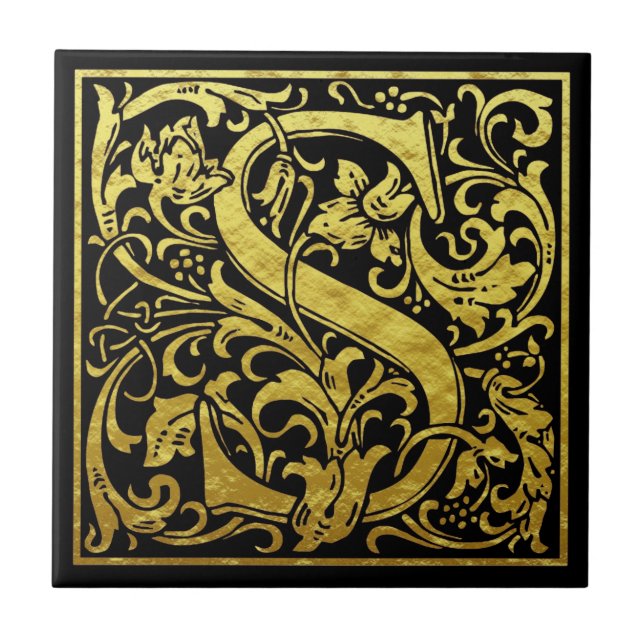 Letter S First Letter Faux Gold Black Ceramic Tile (Front)