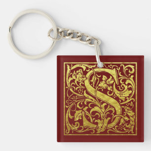 Letter S First Letter Faux Gold on Red Key Ring