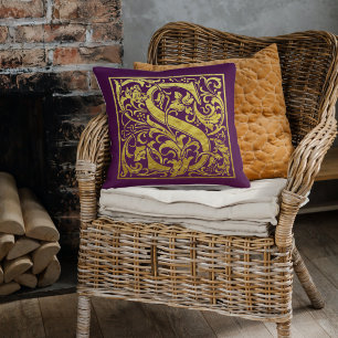 Letter S First Letter Faux Gold Purple Cushion