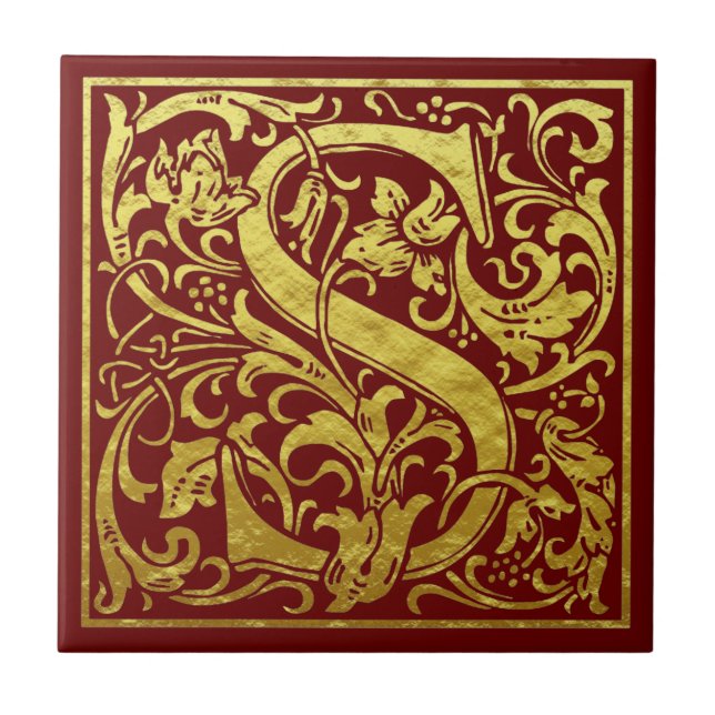 Letter S First Letter Faux Gold Red Ceramic Tile (Front)