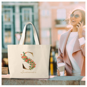 Letter S Floral Gold Monogram Orange Flowers Large Tote Bag