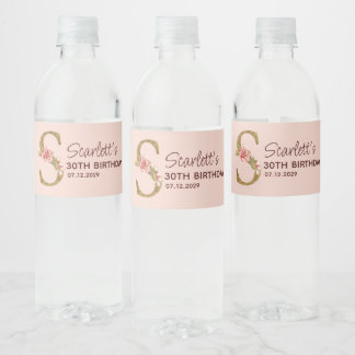 Letter S Gold Monogram Blush Pink Roses Water Bottle Label