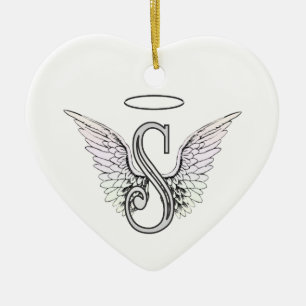 Letter S Initial Monogram with Angel Wings & Halo Ceramic Ornament