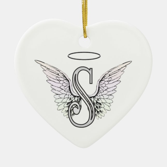 Letter S Initial Monogram with Angel Wings & Halo Ceramic Ornament (Front)