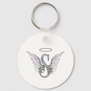 Letter S Initial Monogram with Angel Wings & Halo Key Ring