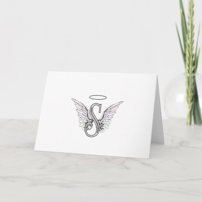 Letter S Initial Monogram with Angel Wings & Halo Note Card (Front)