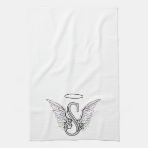 Letter S Initial Monogram with Angel Wings & Halo Tea Towel