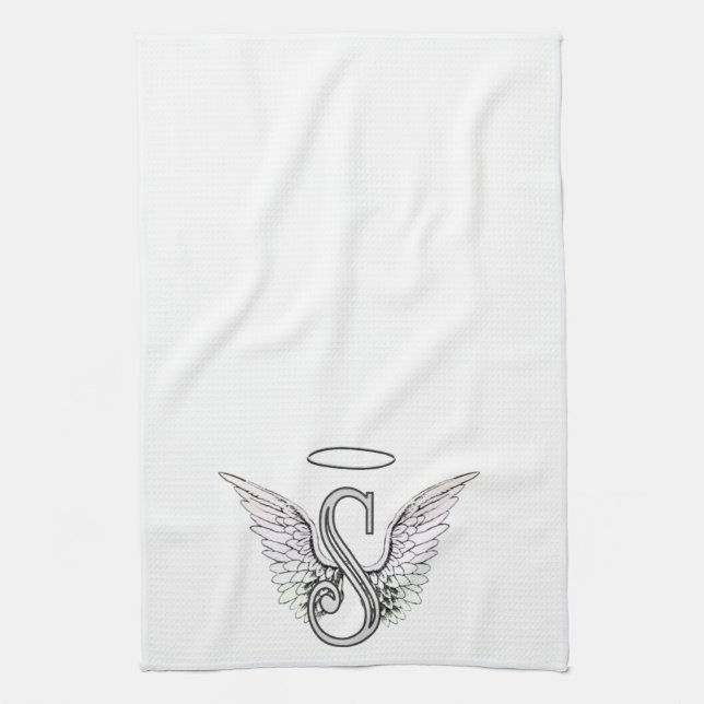 Letter S Initial Monogram with Angel Wings & Halo Tea Towel (Vertical)