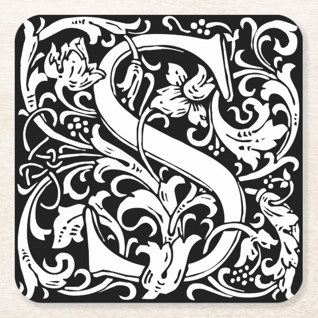 Letter S Mediaeval Monogram Art Nouveau Square Paper Coaster (Front)