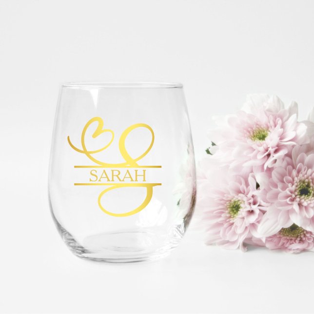Letter S Monogram Bridesmaid Gift, Modern Elegant Stemless Wine Glass (stemless wine glass for a bridesmaid gift that has a gold split S monogram and customized with name)