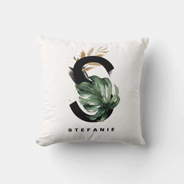 Letter S Monogram Monstera Leaves Tropical  Cushion (Front)