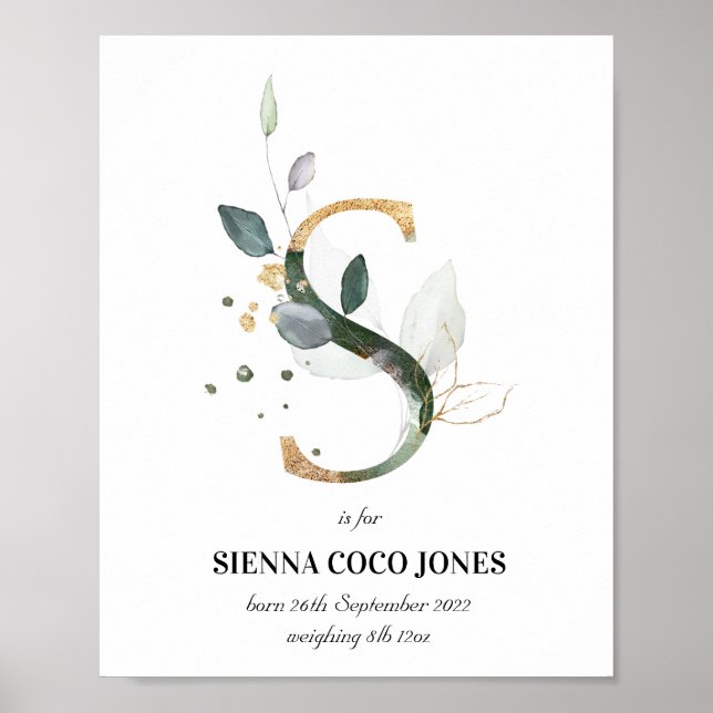 Letter S New Baby Monogram Birth Print Greenery (Front)