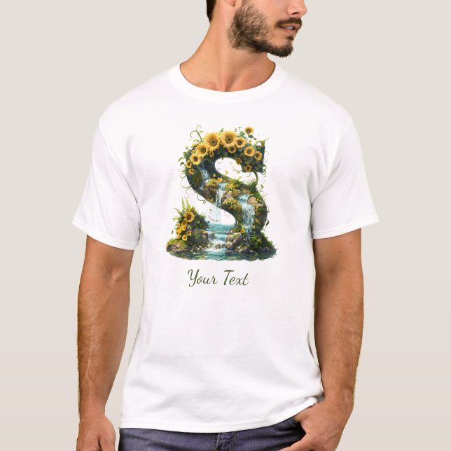 Letter S with Sunflowers and Waterfall Fantasy T-Shirt (Front)