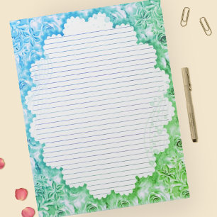 Letter Size - Green Blue Framed Floral Lined Paper Notepad