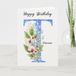 Letter T Birthday Custom Name Her Blue Monogram Card