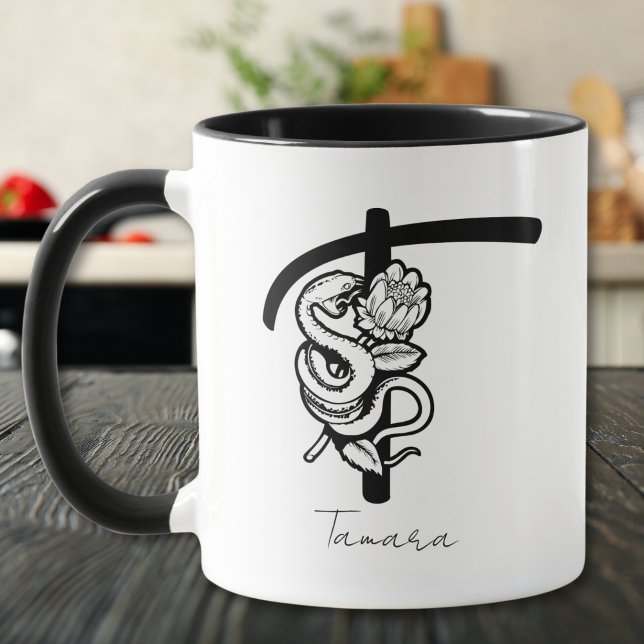 Letter T | Black Monogram–Snake & Bloom Minimalist Mug (Creator Uploaded)