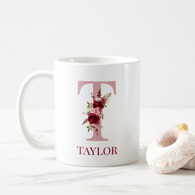 Letter T Burgundy Blush Floral Coffee Mug (With Donut)
