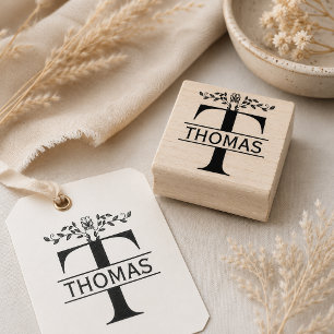 Letter T butterfly Leaves Split Monogram  Rubber Stamp