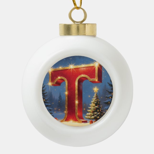 Letter T Christmas Tree Personalised Initial Ceramic Ball Christmas Ornament (Front)