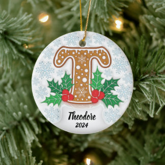 Letter T Custom Name Monogram Christmas Ceramic Ornament