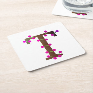 Letter T decorative initial on white Square Paper Coaster