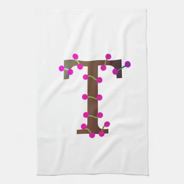 Letter T decorative initial on white Tea Towel (Vertical)