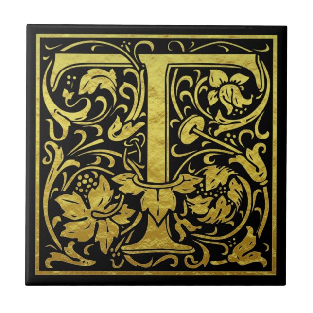 Letter T First Letter Faux Gold Black Ceramic Tile (Front)